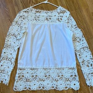 White blouse, lace top and sleeves, sheer polyester, 19” pit to pit, XL,